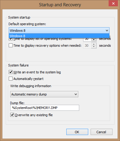 Windows 8: Win+Pause > Advanced System Settings > Advanced > Startup and Recovery