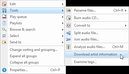 Helium Music Manager 'Download artist information' menüpont Helium Music Manager 'Download artist information' menüpont
