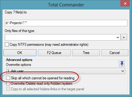Total Commander - Copy - Options - Skip all which cannot be opened for reading