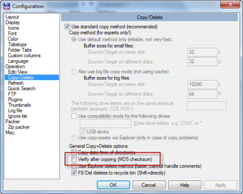 Verify after copying (MD5 checksum)