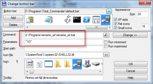 Total Commander - Button bar - srt-átnevező batch-program paraméterei