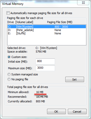 Windows pagefile settings