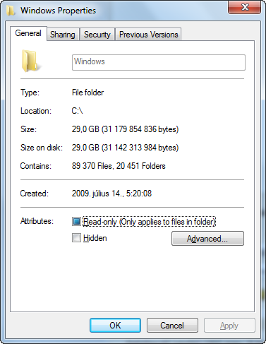 Windows-könyvtár 29 GB-os