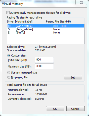 Pagefile size settings