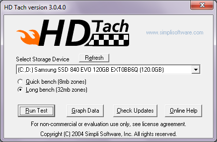 Samsung 840 EVO BEFORE Performance Restoration (with EXT0BB6Q) - HDTach 3.0.4.0 Long bench (32 MB zones)
