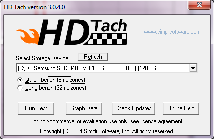 Samsung 840 EVO BEFORE Performance Restoration (with EXT0BB6Q) - HDTach 3.0.4.0 Quick bench (8 MB zones)