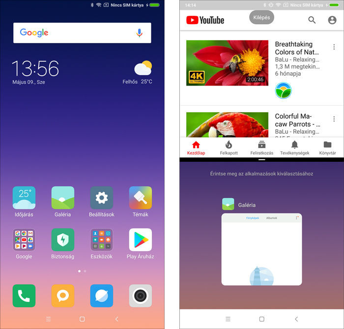 A Mi MIX 2s keződképernyője, illetve az osztott képernyős mód.