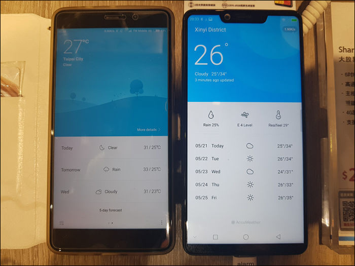 Xiaomi Mi 5s Plus és Sharp Aquos S3. A Sharp kiváló kijelzői az Aquos szériában is megmutatkoznak, így a képminőségre aligha lehet panaszunk. (Most tekintsünk el attól, hogy a Xiaomi és a Sharp AccuWeather-ből dolgozó időjárás alkalmazási teljesen mást mutatnak ugyanarra a területre.)