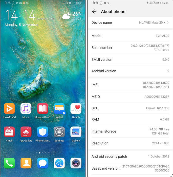 A Huawei Mate 20X kezdőképernyője és főbb adatai.