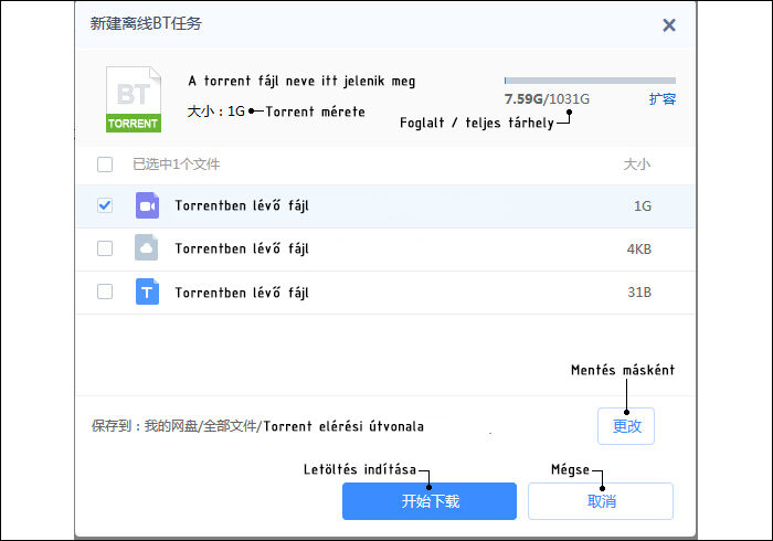 Torrent hozzáadása Baidu felhőnkhöz. A hagyományos kliensekhez hasonlóan itt is kiválaszthatjuk, hogy a torrentben lévő fájlok közül melyeket szeretnénk letölteni a felhőnkbe.