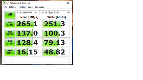 Sziasztok! Vettem egy kingston A400 120gb ssd-t a Toshiba satellite C660D-12T laptopba,picit 1-2 mm-rel ha felfordítom akkor lesüllyed,gondolom ez nem nagy gond. Raktam alá egy adata SU-800-hoz kapott keretet de az a 2 mm nem sokat számít. Ez a sebesség elvileg ok sata 2-ön.